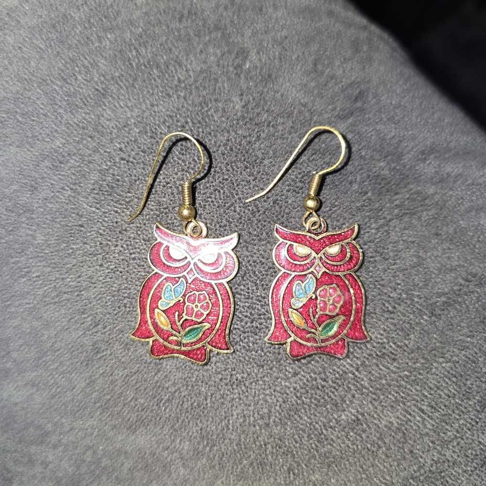 Vintage Cloisonne Owl Dangle Earrings: Enamel